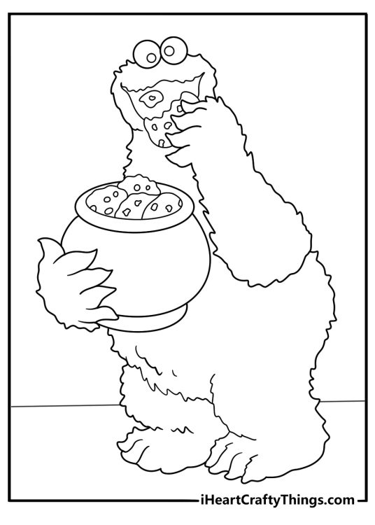 cookie monster eating cookies detailed sesame street coloring sheet