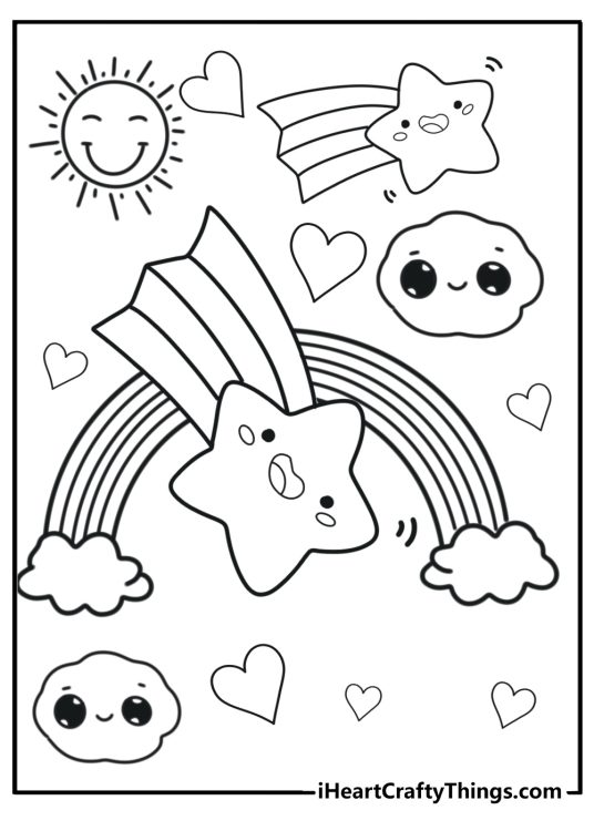 Printable coloring card for children featuring rainbow with falling stars and hearts all around it