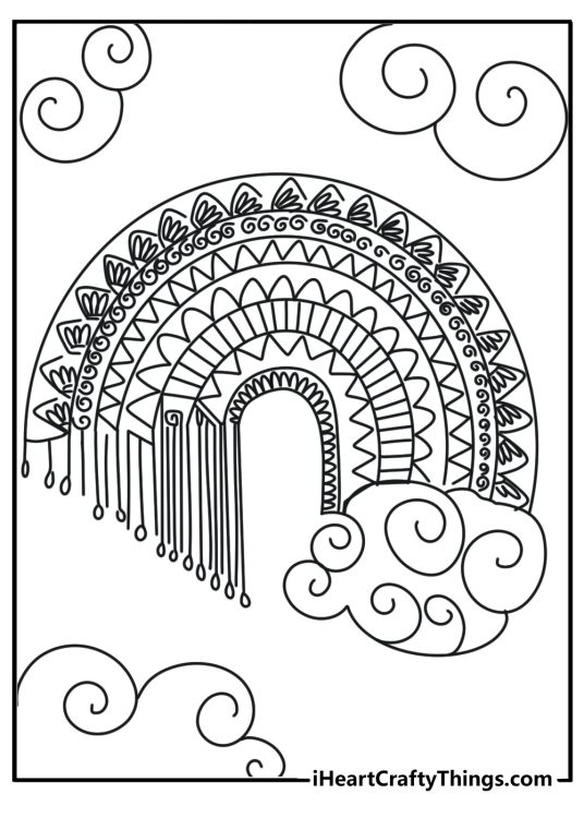 Coloring picture for adults featuring mandala-style rainbow with swirly clouds all around it