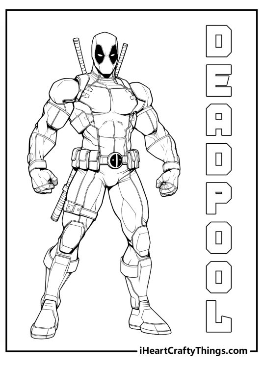 Detailed coloring poster featuring superhero Deadpool and his name written in block letters on his left side