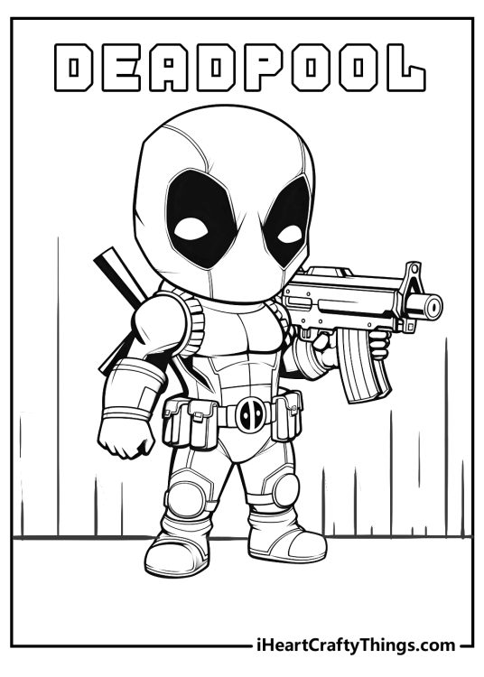 Picture featuring cartoony style Deadpool armed with a gun and his name written in block letters above him