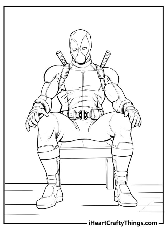 Detailed Deadpool-themed black-and-white drawing presenting superhero taking a break on a chair