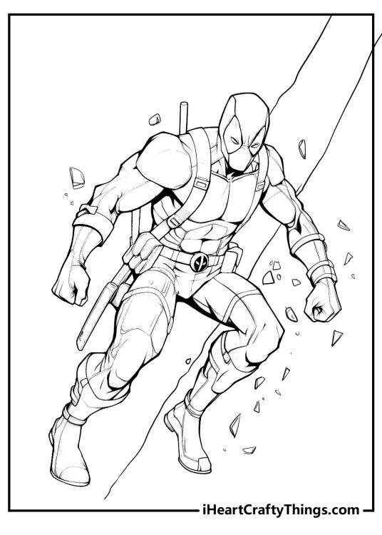 Printable drawing of a Deadpool looking like he has just burst through a wall during an action scene