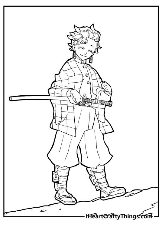Detailed Demon Slayer-themed picture featuring Tanjiro posing with his sword in right hand