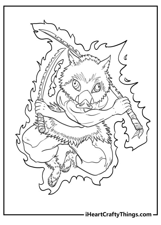 Demon Slayer coloring page featuring weirdest-looking character Inosuke with a boar mask