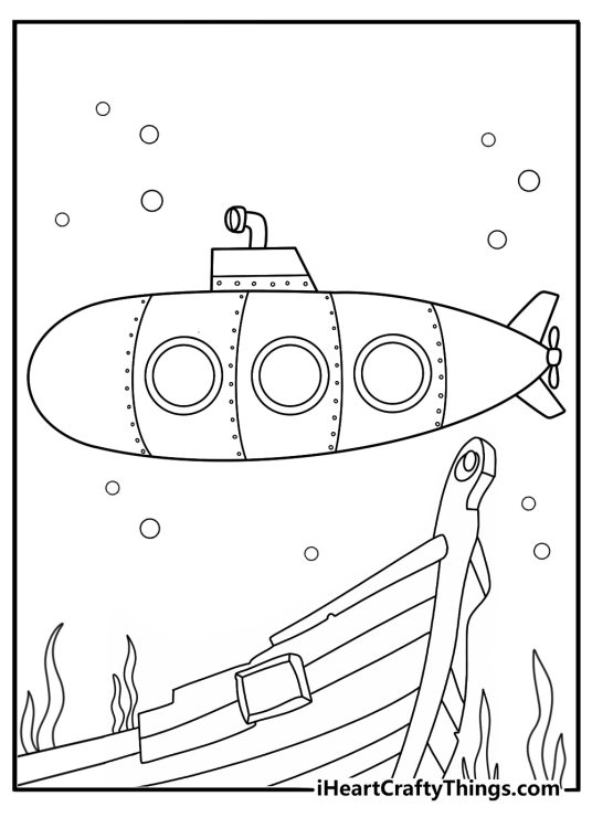 detailed submarine passing an old shipwreck