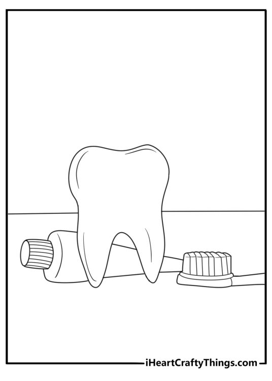 detailed tooth with toothpaste tube beside it coloring sheet