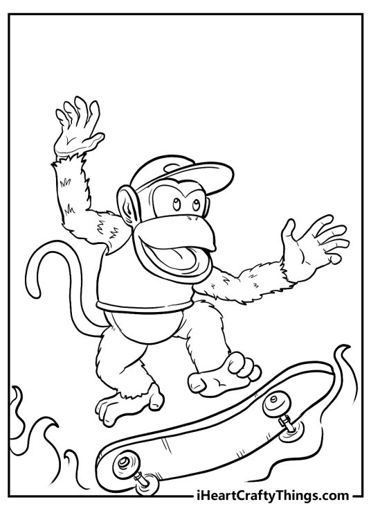 Donkey Kong-themed printable featuring character Diddy Kong riding his skateboard