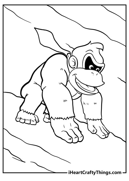 Free printable coloring picture capturing character Donkey Kong moving at full speed