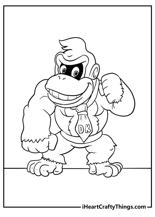 Printable coloring page featuring Donkey Kong posing with a big grin on his face