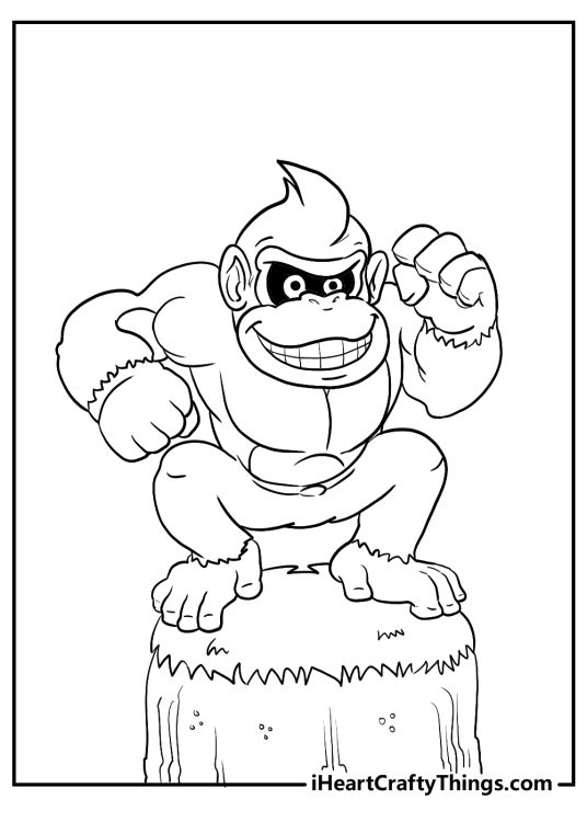 Printable coloring drawing for kids featuring Donkey Kong perched on a tree stump