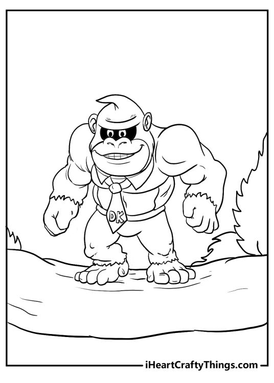 Coloring image featuring Donkey Kong posing proudly with some bushes in the background