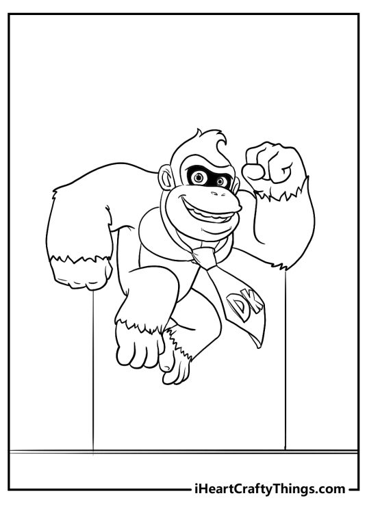 Free coloring picture for children featuring Donkey Kong performing a mighty jump