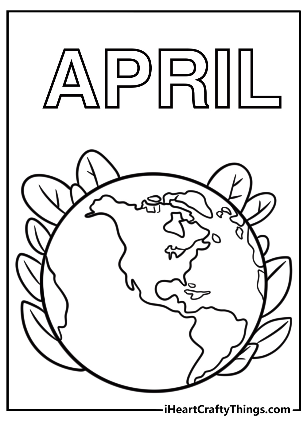 Earth day globe with leaves April coloring page