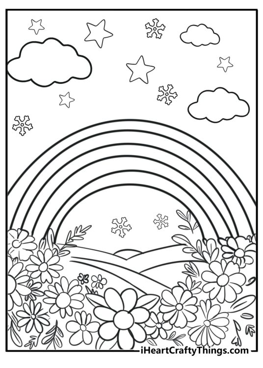 Detailed coloring drawing of a big rainbow featured over the field full of flowers