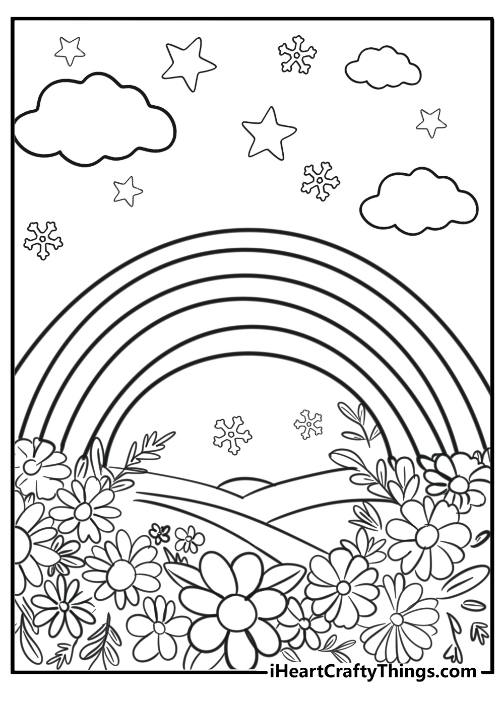 Easy rainbow with flowers coloring page for preschoolers