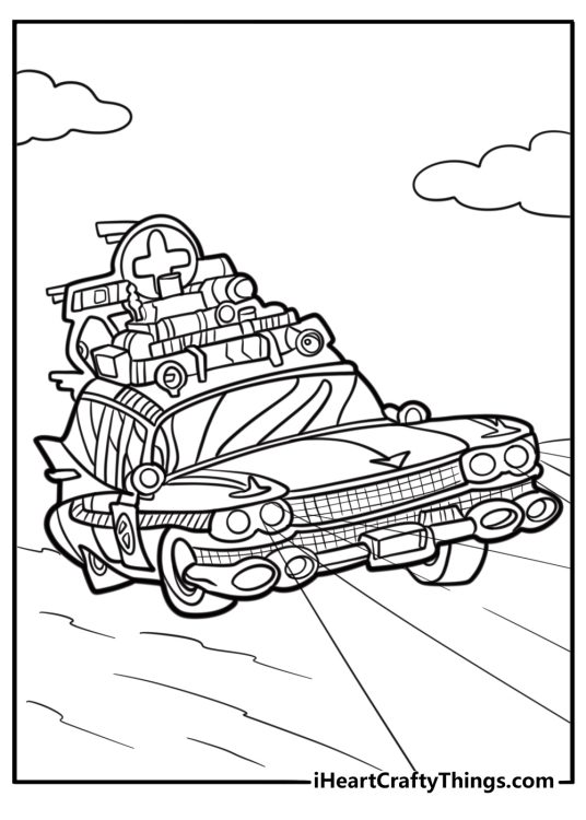 Ecto 1 with flashing lights racing down the street printable coloring sheet