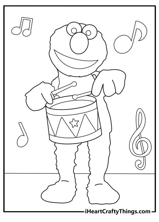 elmo playing a drum sesame street music themed coloring sheet