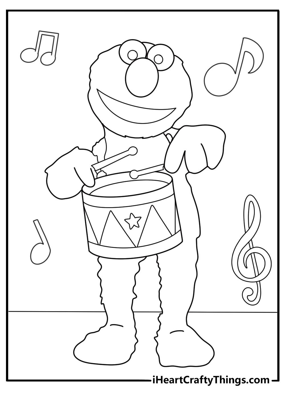 elmo playing a drum sesame street music themed coloring sheet
