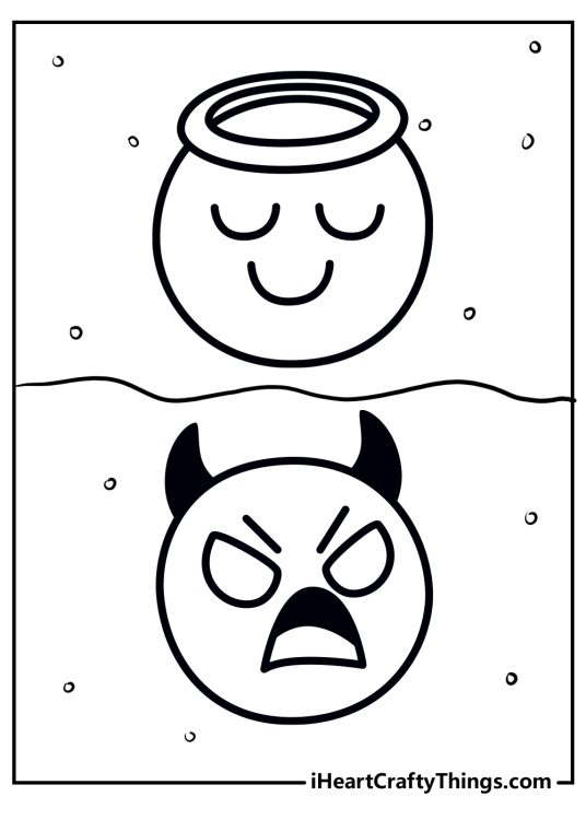 Emoji coloring picture featuring an angel emoji on top and a devil emoji below