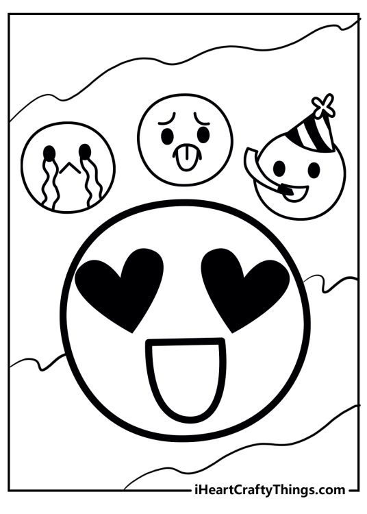 Printable page with four emojis - a crying face, upset face, partying face and face with hearts over its eyes