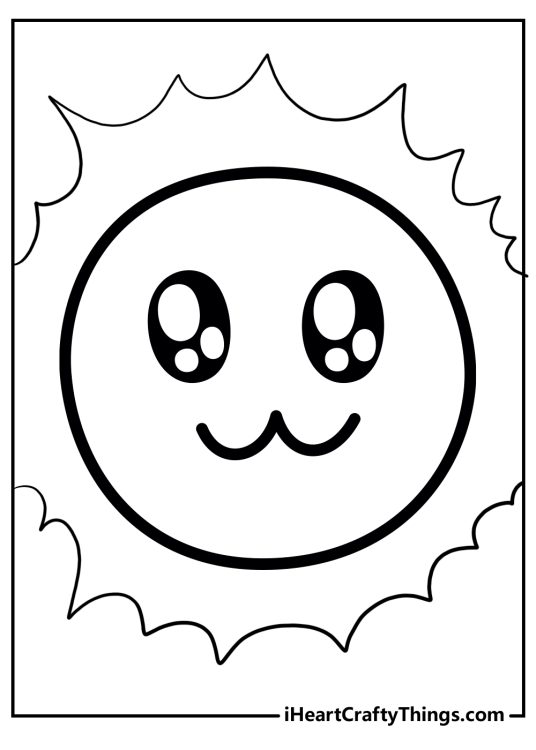 Free printable page to download and color featuring sunshine emoji looking very happy