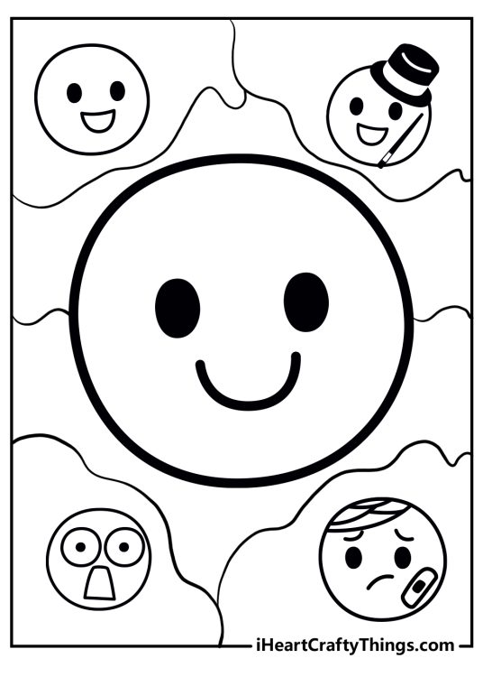 Emoji coloring picture featuring five different facial expressions with a smiley one in the centre