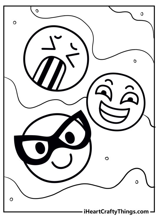 Free coloring pdf featuring three emojis - sick face, happy face and smiling face with glasses