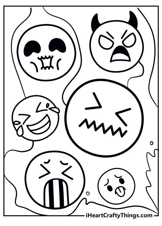 Printable image with six emojis - one happy face and five faces with various negative emotions