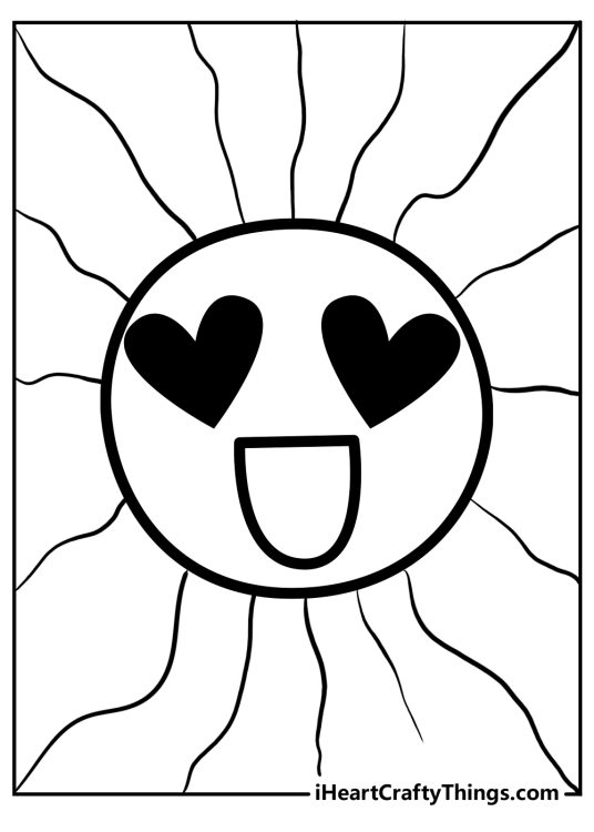 Coloring page of an emoji with hearts over its eyes featured in front of segmented background