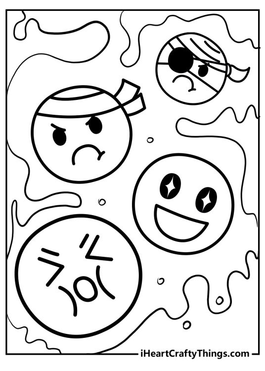 Printable coloring picture featuring four emojis - two pirates and two happy faces