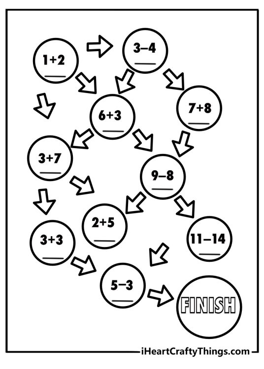 equation maze coloring page solve addition and subtraction to find the path printable worksheet down