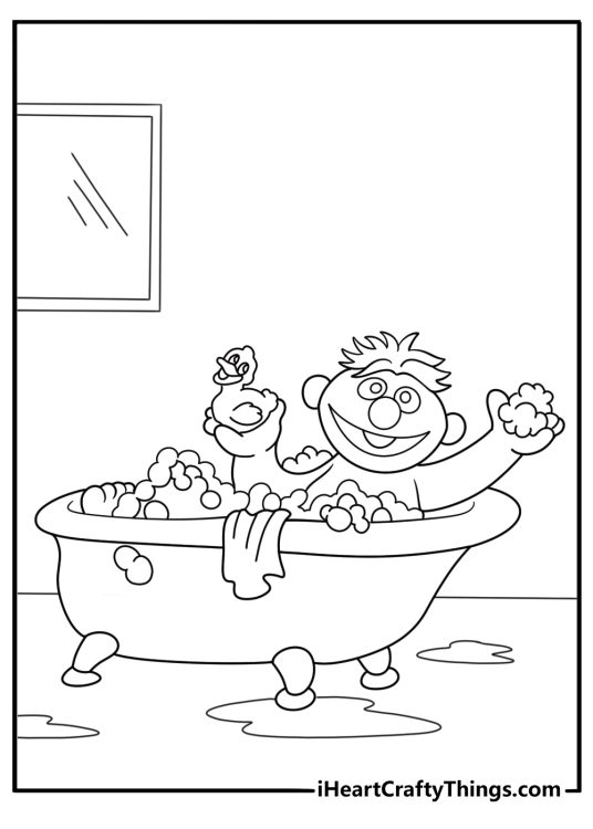 ernie playing a rubber duck in the bathtub simple sesame street coloring page