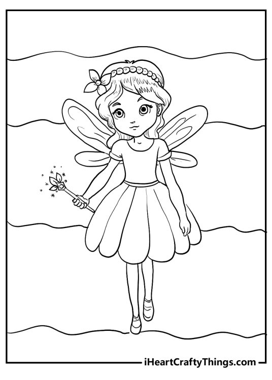 Free coloring picture for kids featuring cute fairy with a flowery wreath on her head and little magic wand