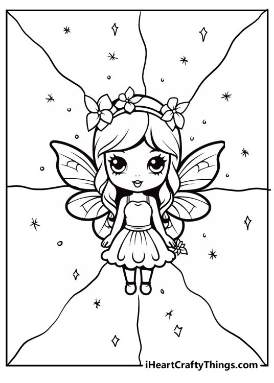 Coloring page featuring beautiful fairy with wavy hair, butterfly wings and sparkles all around her