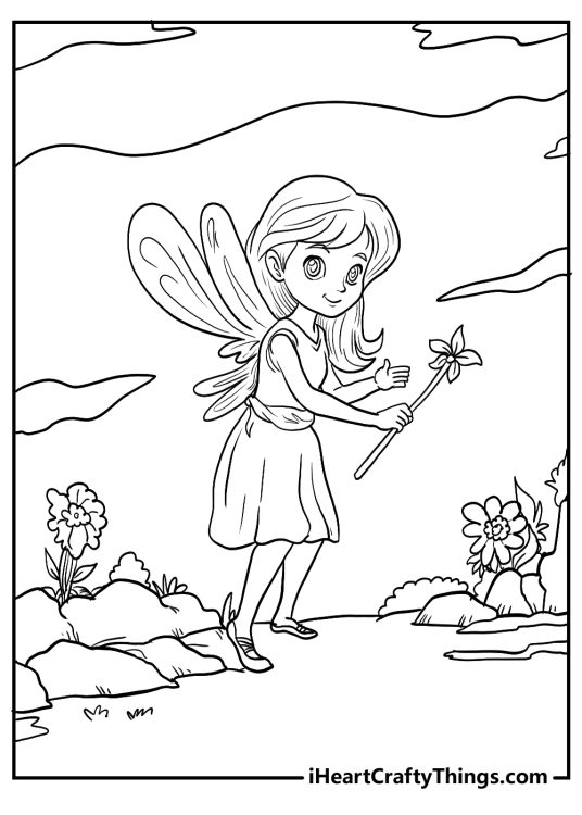 Detailed printable coloring picture featuring fairy in a garden surrounded by rocks and plants