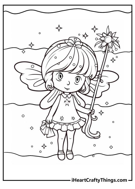 Coloring page for kids featuring little fairy with magical wand surrounded by sparkly effects