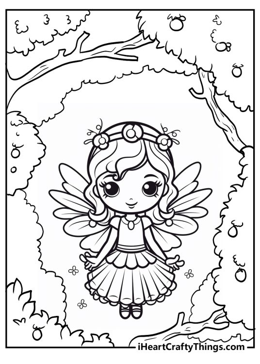 Coloring sheet featuring cartoony cute fairy in the garden surrounded by apple trees