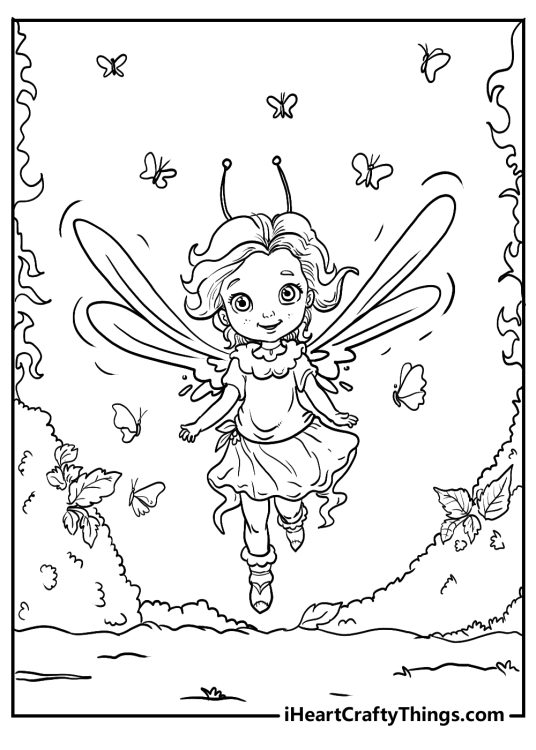 Printable page of an adorable fairy flying surrounded by butterflies with trees and bushes in the background