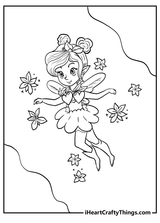 Detailed coloring picture of a magical fairy flying with arms spread widely surrounded by flowers