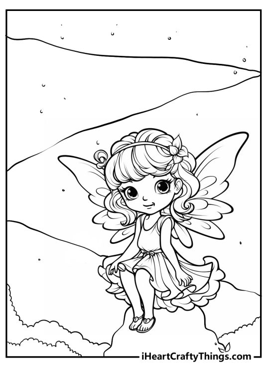 Free printable sheet of a beautiful little fairy with curly hair and large wings sitting atop a tree stump