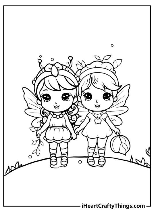 Coloring poster featuring two little fairy friends standing together side by side with leaves in their hands