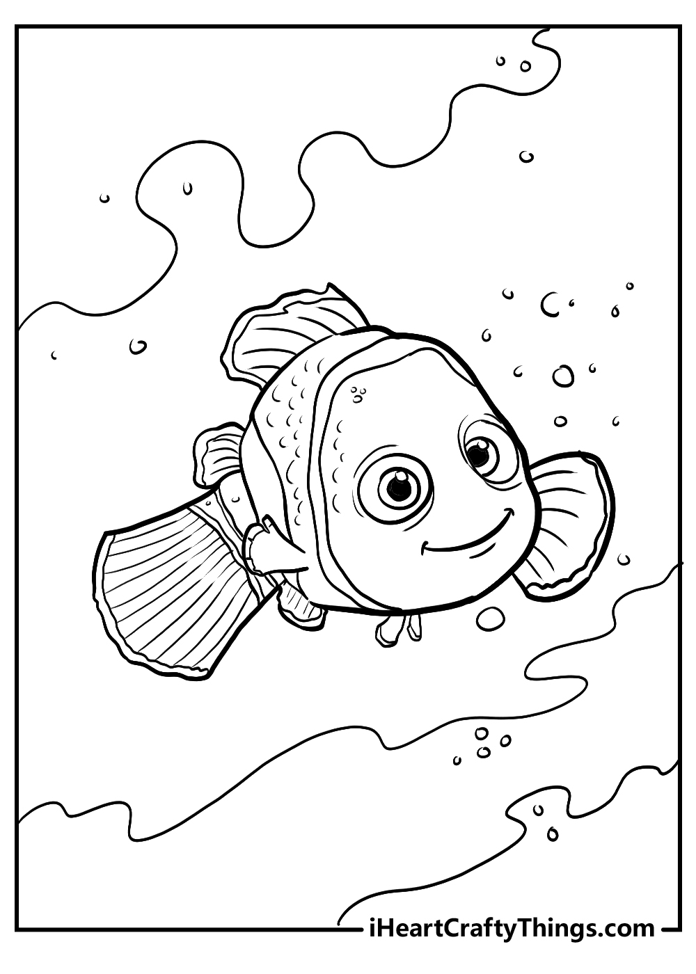 Detailed coloring drawing featuring young clownfish Nemo surrounded by water bubbles and waves