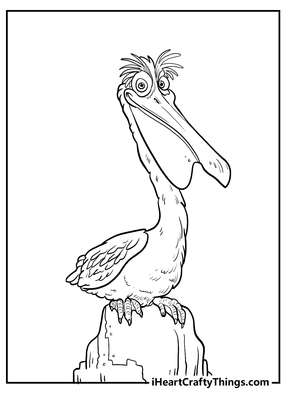 Finding Nemo-themed coloring page featuring pelican Nigel with a long beak perched on a rock