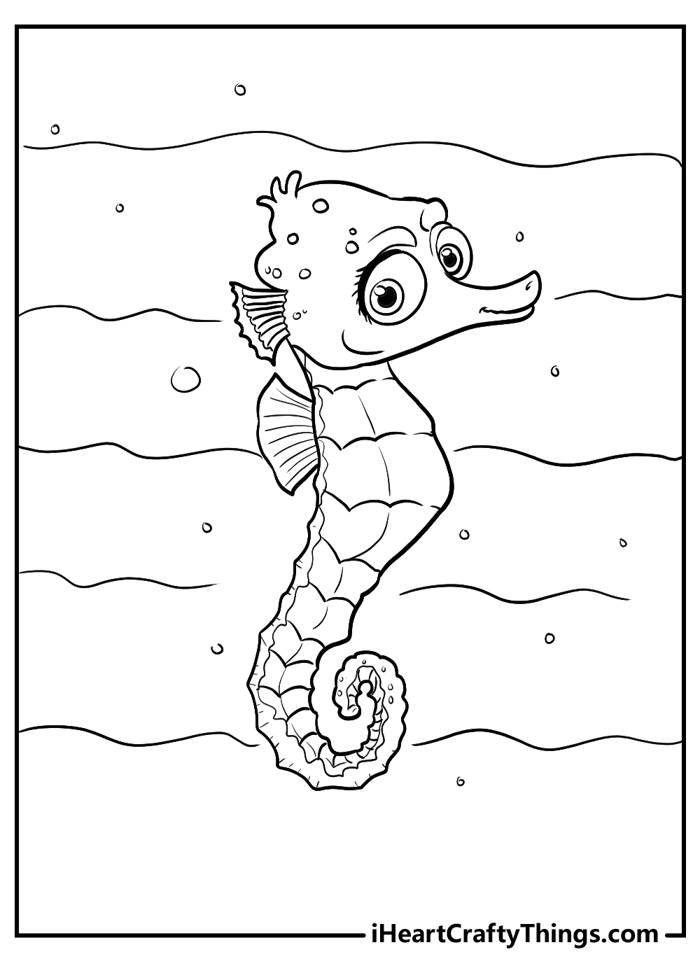 Free Finding Nemo coloring page featuring seahorse Sheldon surrounded by bubbles and segmented background