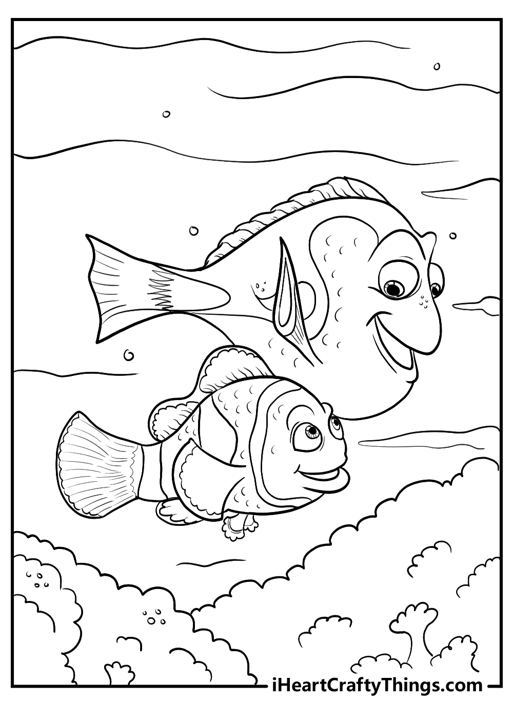 Detailed Finding Nemo coloring page featuring Marlin and Dory swimming underwater