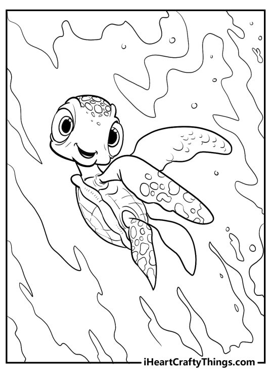 Coloring page of Finding Nemo character sea turtle Squirt floating under water upside down
