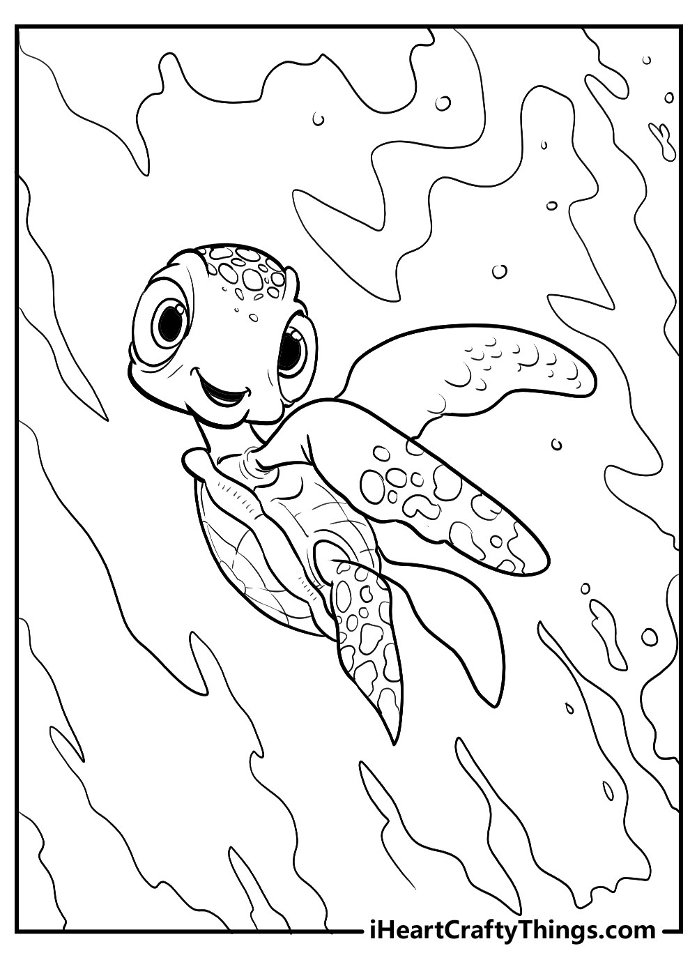 Coloring page of Finding Nemo character sea turtle Squirt floating under water upside down