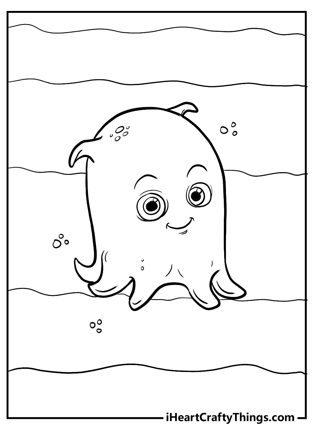 Finding Nemo coloring picture for kids of an adorable baby octopus Pearl with wavy background