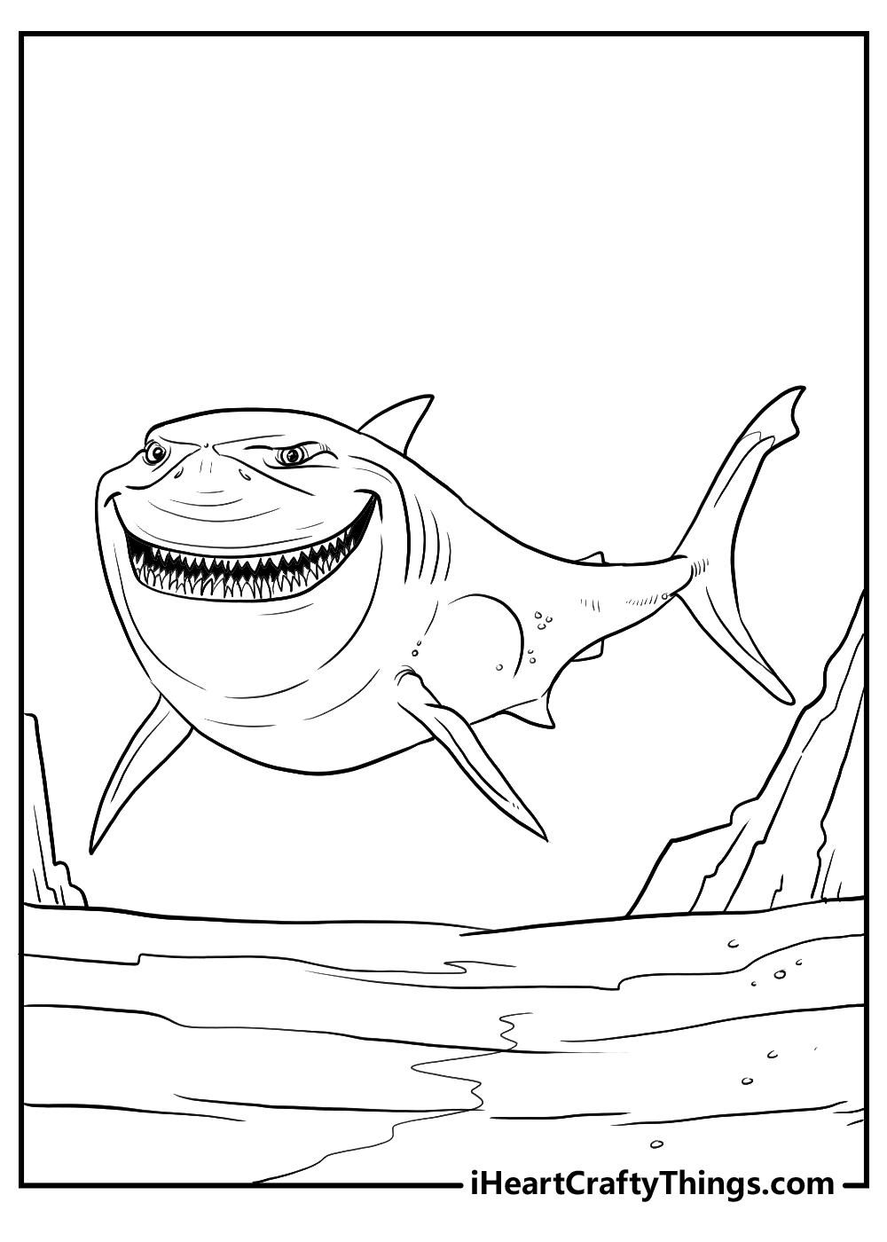 Finding Nemo coloring printable featuring the great white shark Bruce swimming underwater between rocks